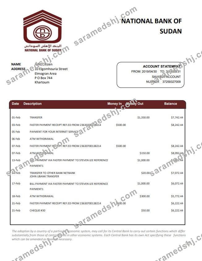Sudan National Bank of Sudan bank statement template in Word and PDF format